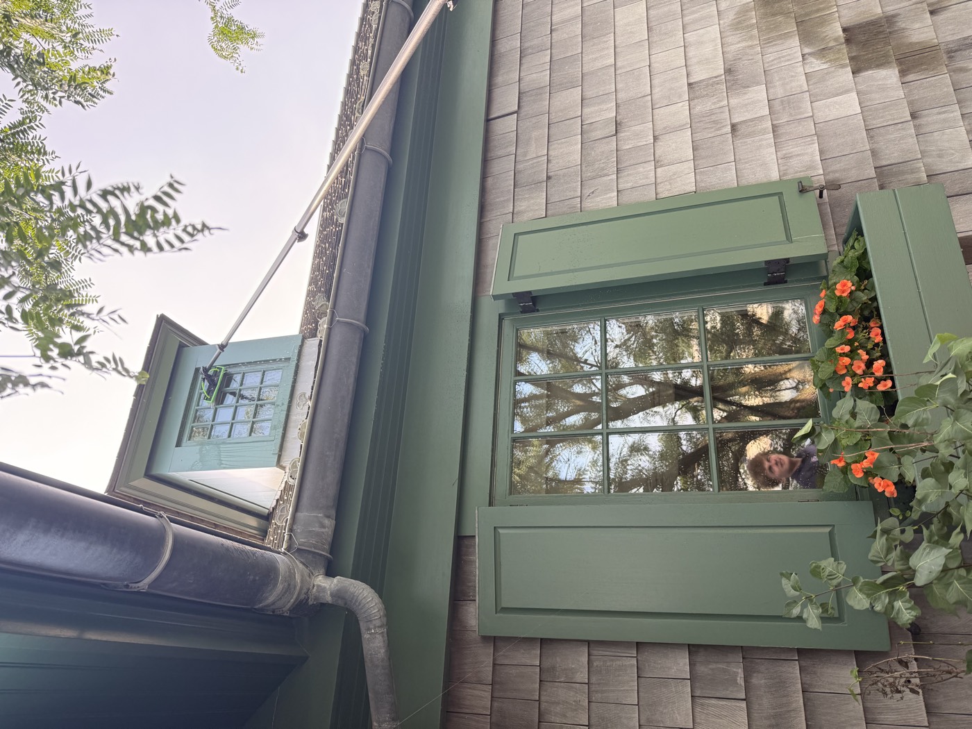 Green shutters and window box on a Connecticut shingle home with crystal-clear glass by Clear View