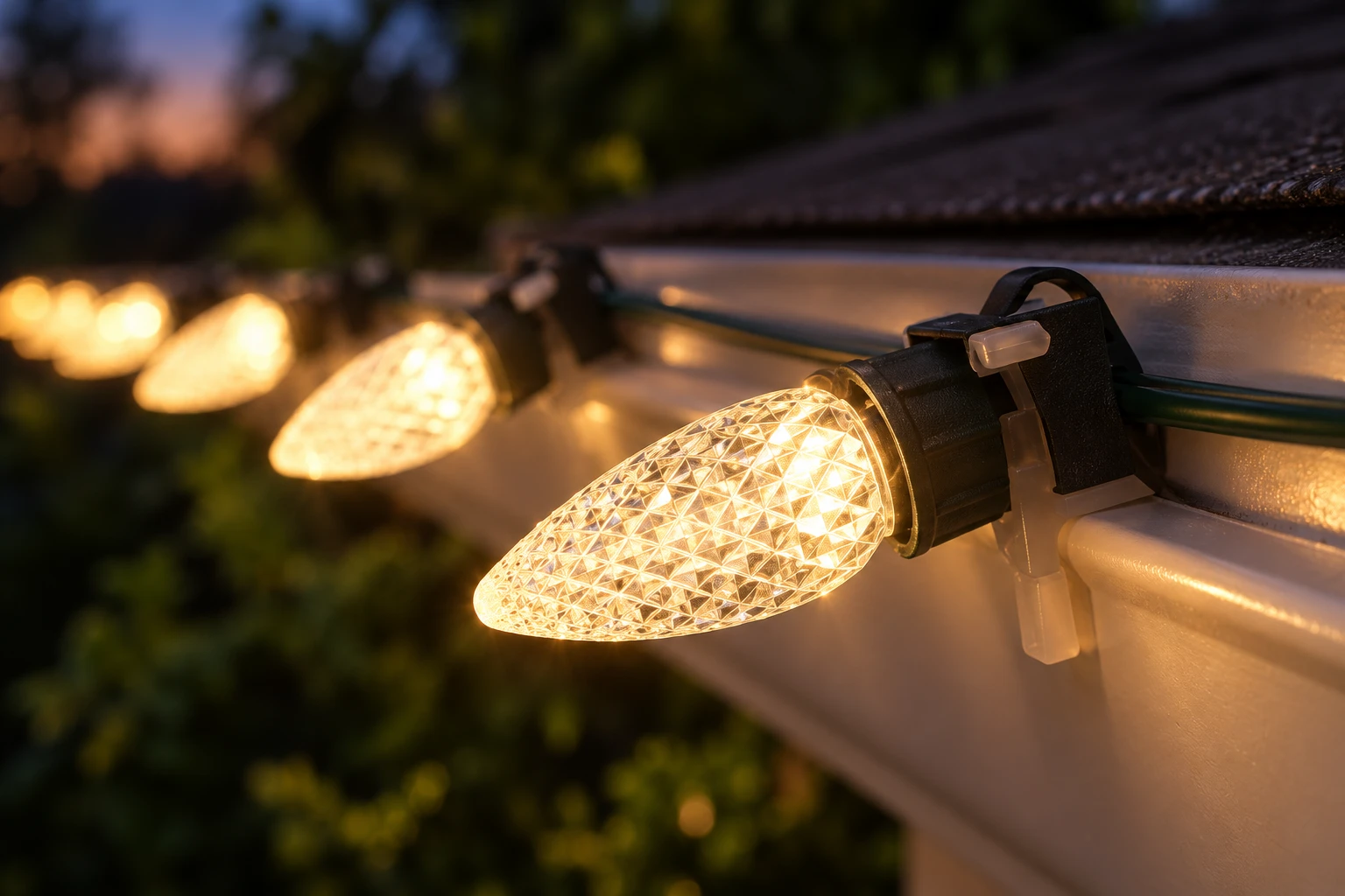 Close-up example of a C9 LED bulb clipped to a roofline