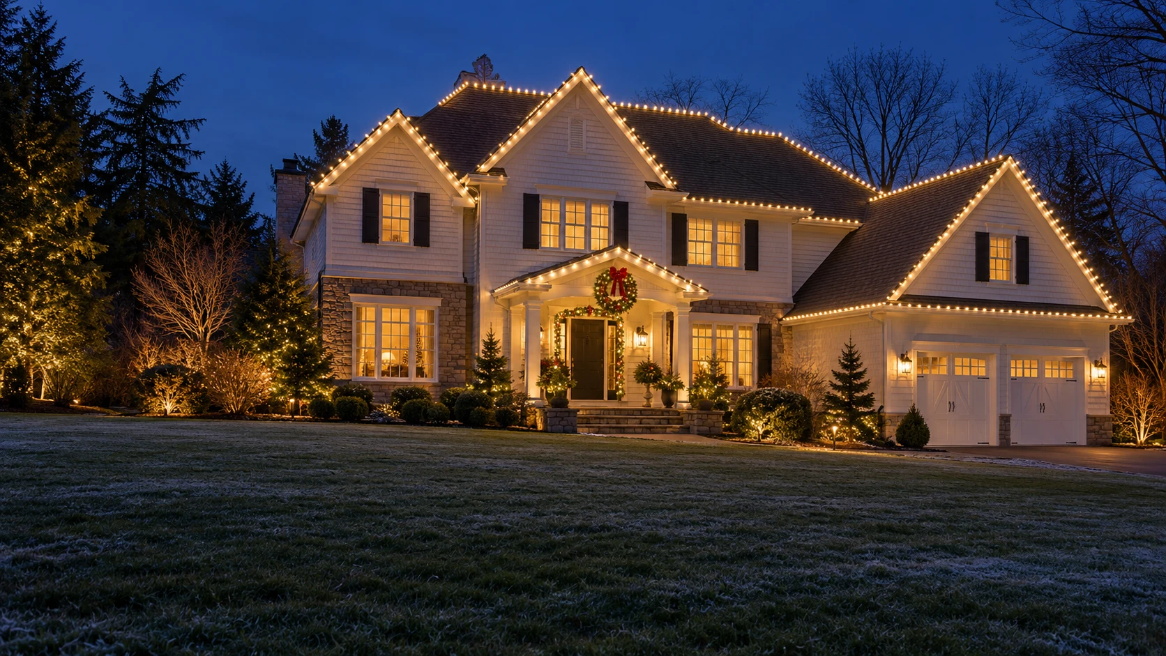Example of a premium home with roofline lighting, a wreath, and landscape lighting, illustrating the style of display Evergreen designs