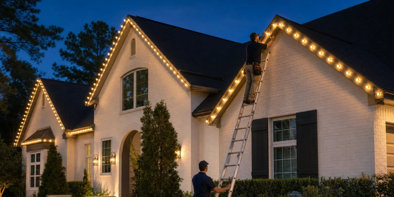 Example of a technician installing roofline lighting on a ladder